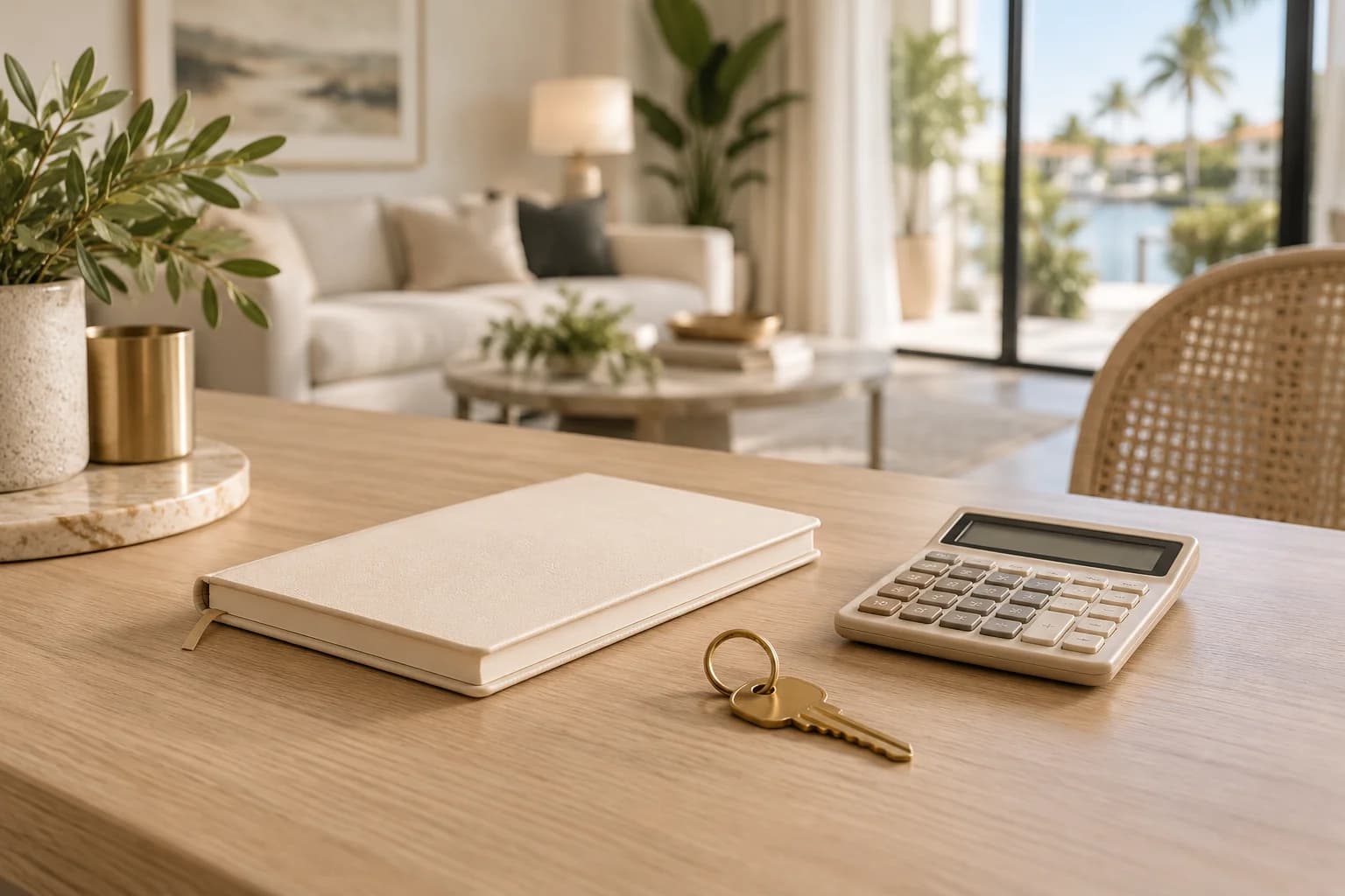 Illustrative notebook, house key and calculator in a residential interior