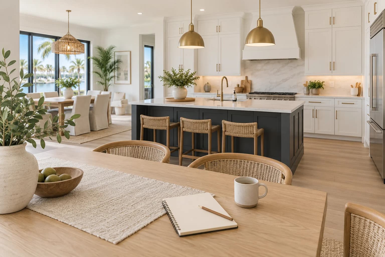 Illustrative kitchen and dining area with a blank notebook for a home tour