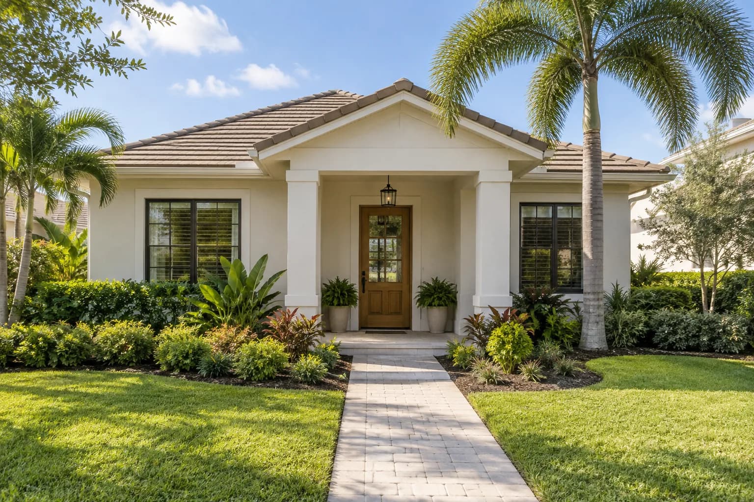 Illustrative home exterior with a landscaped front entrance