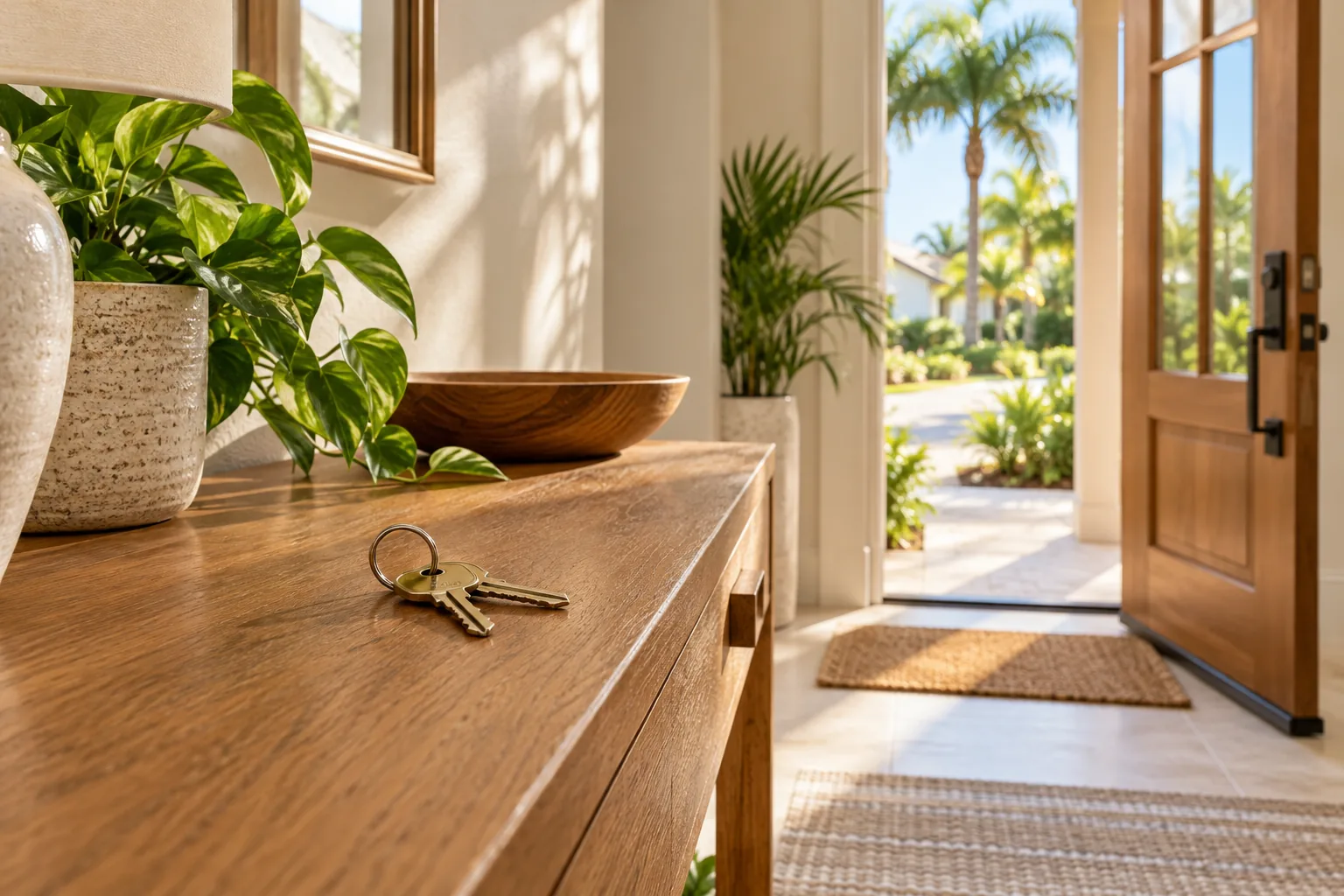 Illustrative house keys beside an open front door