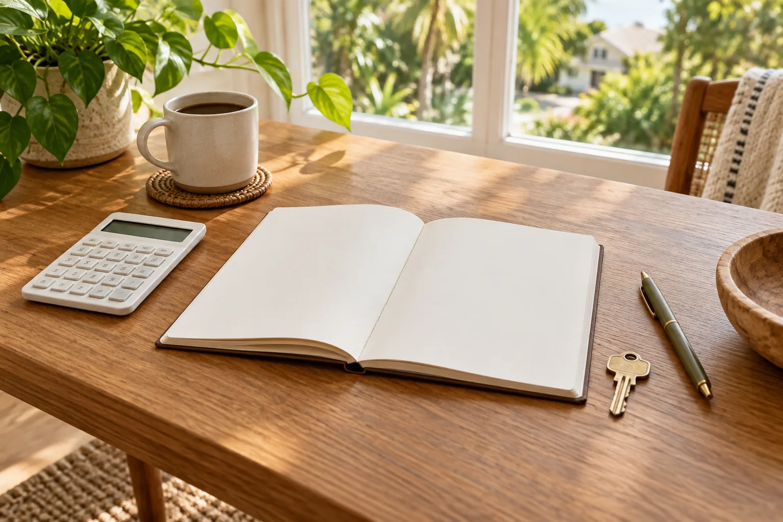 Illustrative home-buying planning table with a notebook and keys
