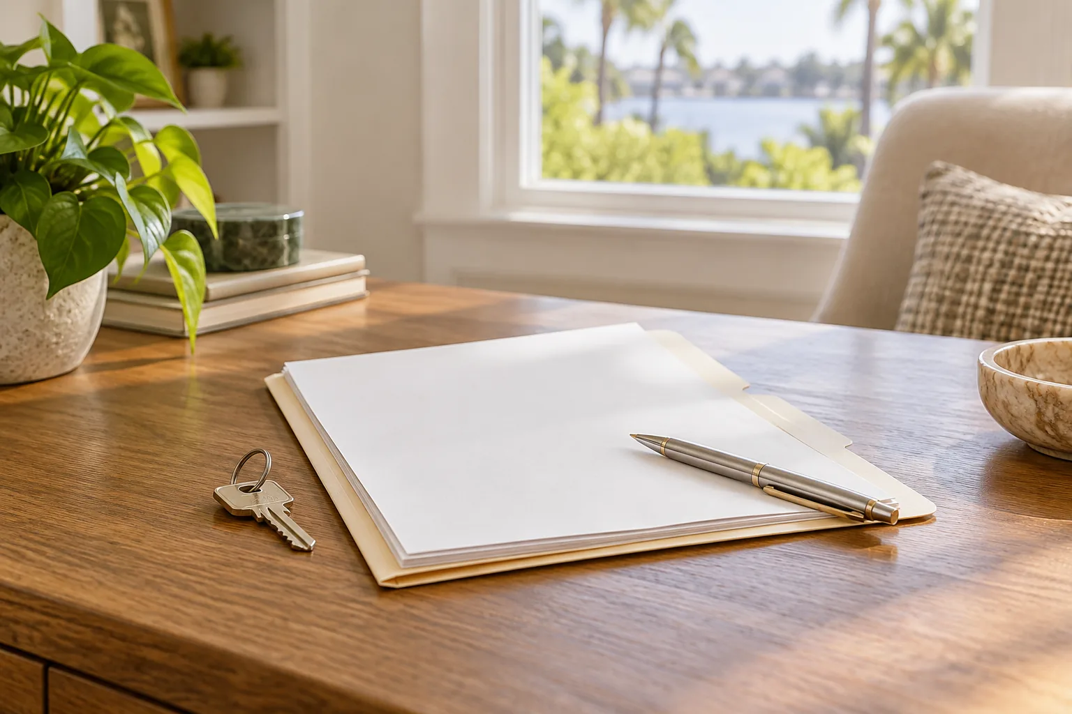 Illustrative property offer document folder and a pen