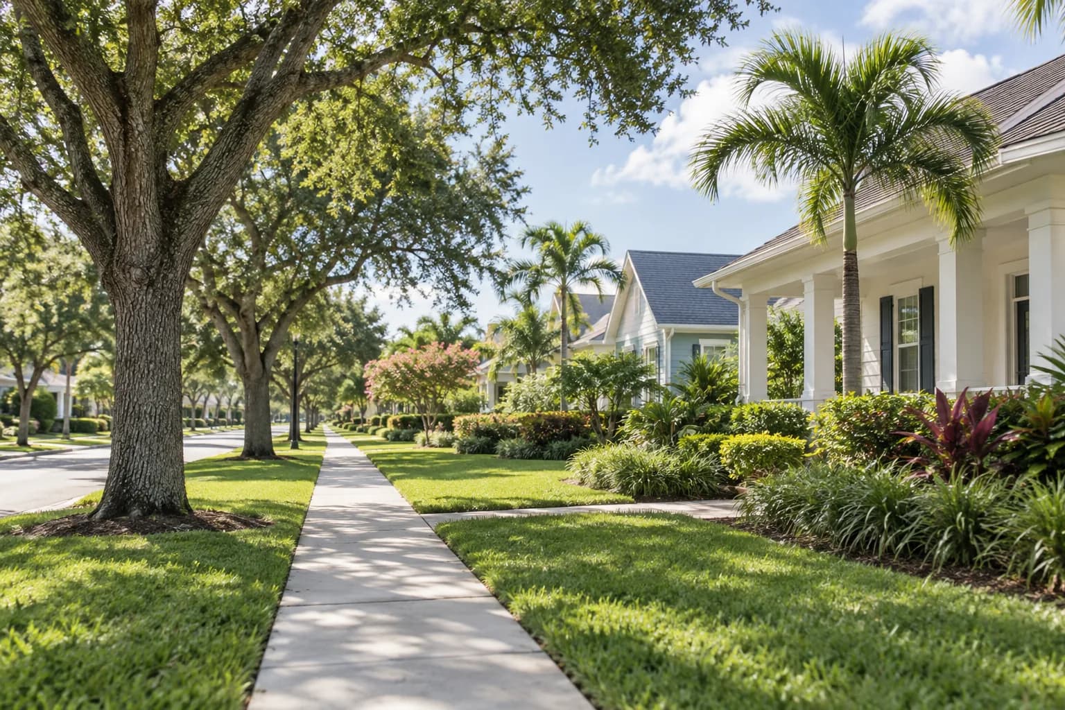 Illustrative residential neighborhood with trees and sidewalks